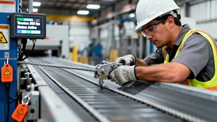 Industrial environment showcasing small wire rope tensioning procedure on conveyor system with safety gear and control panel