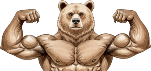 Muscular bear flexing its muscles isolated on transparent background