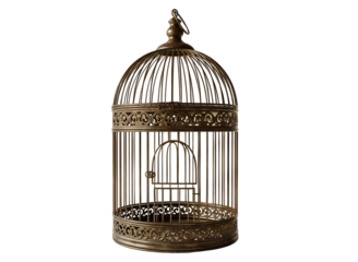Ornate antique birdcage with decorative details and small bird on top isolated on transparent background