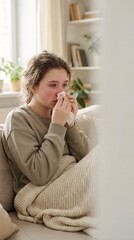 Young woman with a cold or flu sitting on a couch and blowing her nose into a tissue