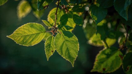 Green leaves on a plant with sunlight, natural foliage, and outdoor environment.