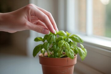 Soft daylight follows slender fingers as fresh basil is gently lifted from living green
