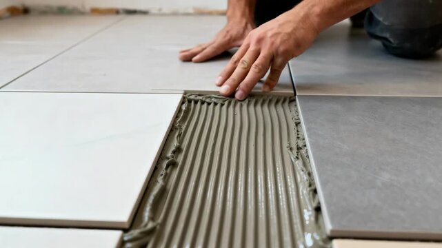 Closeup of hands setting large solidcolor porcelain tiles with adhesive demonstrating expert tile installation techniques on smooth floor surface.