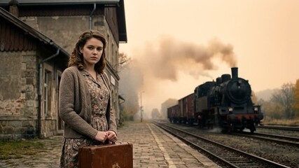 A sad woman standing by a train platform with a suitcase, facing an emotional departure and the pain of leaving, captured in a nostalgic and cinematic atmosphere.