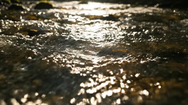 Abstract macro view of vibrant sunlight dappling and shimmering across the fast-moving rippled surface of a forest stream reflection, energy, foreststream