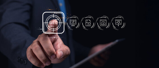 A person pressing an SEO button on a digital interface, symbolizing the importance of search engine optimization in the digital landscape.