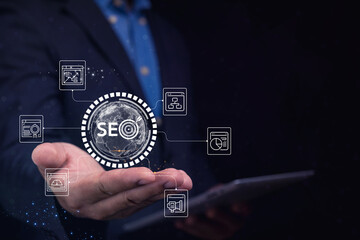 A person holds a holographic globe displaying SEO elements, emphasizing digital marketing and analytics in a modern, tech-focused environment.
