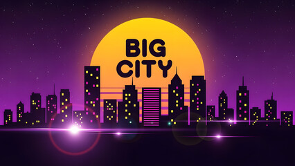 Vibrant cityscape at sunset with illuminated skyscrapers and big city lights