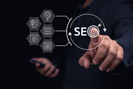 A person is interacting with a digital interface that showcases SEO concepts and analytics, emphasizing the importance of search engine optimization.