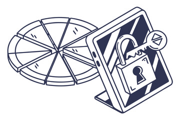 Digital privacy concept using fragmented lock icon reassembled in abstract style