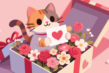 Cute cat in gift box with flowers holding heart card on pink background with festive decorations.