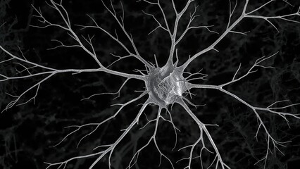 Neural network neuron cell with interconnected dendrites and axons on dark background. Brain cell, communication, and neurobiology concept. Synaptic connection illustration.
