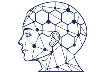 AI technology symbol created from modular hexagonal shapes forming a face silhouette
