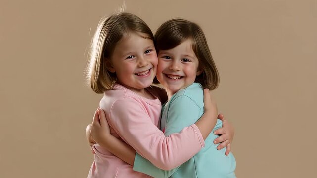Two happy girls with Down syndrome hugging on beige background
