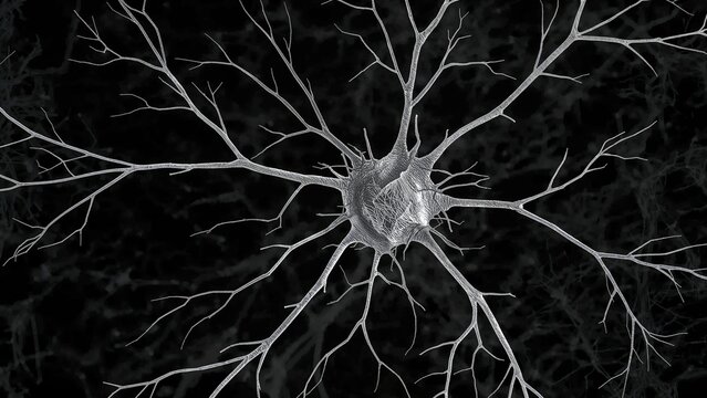 Neural network neuron cell with interconnected dendrites and axons on dark background. Brain cell, communication, and neurobiology concept. Synaptic connection illustration. - Powered by Adobe