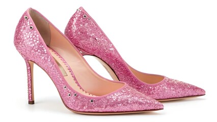 Sparkling pink stiletto heels for gift with shadow cut out isolated on white background. AI GENERATED.