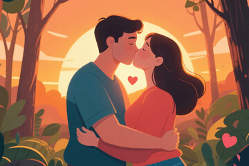 Couple kissing in forest at sunset with heart symbol and warm light in romantic nature scene.