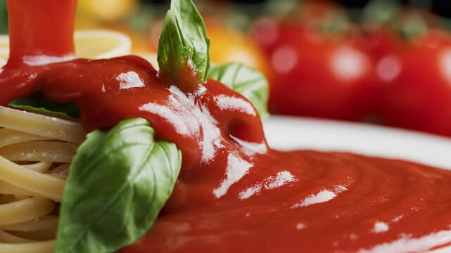 Abstract macro view showcasing the deep red tomato sauce slowly flowing and coating fresh green basil leaves resting beside a mound of pasta freshness, gourmet, cooking