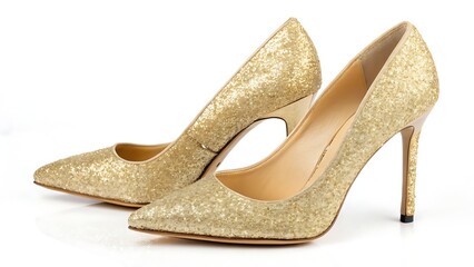 Sparkling golden stiletto heels for gift cut out isolated on white background. AI GENERATED.
