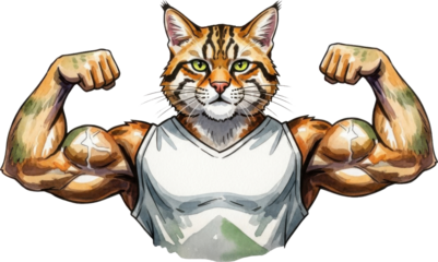 Strong cat flexing muscles with confidence and power isolated on transparent background