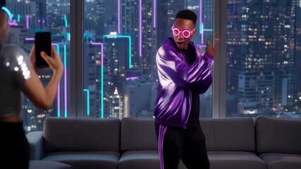 Young couple creating viral social media content at home