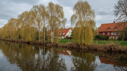 Obraz premium A riverside scene with trees and houses during the day, reflecting in the water.