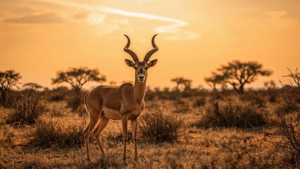 A solitary antelope with curved horns standing in the nature at sunset, surrounded by sparse trees and dry grasses.