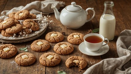 Fototapeta premium Plate of cookies with a teapot, cup of tea, and a bottle of milk on a wooden table for breakfast or snack.