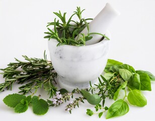 fresh herbs in a mortar