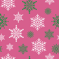 Pink, green and white snowflake seamless pattern for festive holiday backgrounds