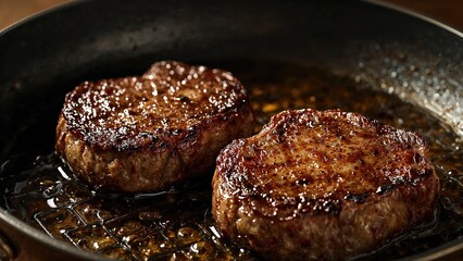 Two beef steaks being seared in a pan, with juices and grill marks visible. Cooking and food preparation, concept. Meat and cuisine. The idea of grilling and cooking steaks.