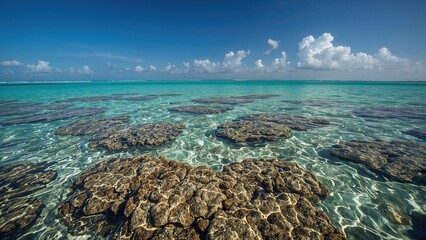 Naklejka premium Rock formations in clear turquoise ocean water under a partly cloudy sky.
