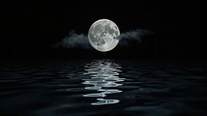 Full moon over water reflecting moonlight, night scene with clouds.
