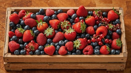 A wooden box filled with fresh strawberries and blueberries on a wooden surface.