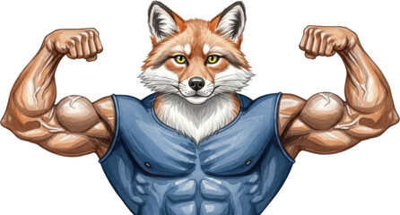 Muscular fox character showing off muscles isolated on transparent background