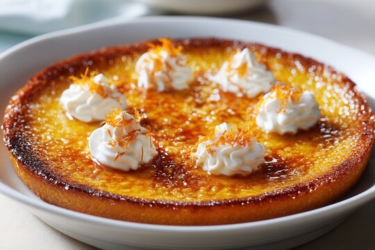 Golden crusted Yubari King melon tart with whipped cream in a bright kitchen setting