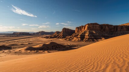Fototapeta premium Desert landscape with sand dunes and cliffs under a clear blue sky. Nature and geological formation, arid environment. The vastness of desert terrain.