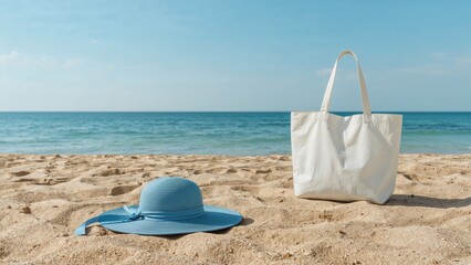 Beach scene with a blue hat and a white tote bag on the sandy shore by the sea. The ocean and sky are visible in the background.