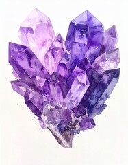 Watercolor Painting of Amethyst Crystals Clustered Together on White Background
