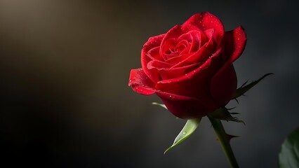 Beautiful red rose with water droplets on petals in dark background