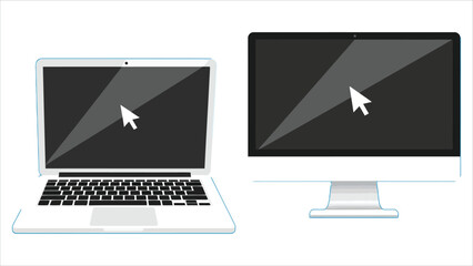 Flat laptop and desktop computer with mouse cursor icon.eps