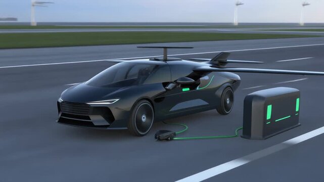 Black flying car connected to a charging station on an asphalt surface Keywords: car, flying car, futuristic, electric vehicle, charging, charging station, technology, innovation, future