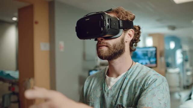 Engaged donor in medium shot using VR headset to virtually visit healthcare facilities built through donor contributions emphasizing donation impact.