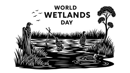 World Wetlands Day celebration with diverse wildlife illustration