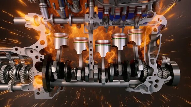 Detailed Cutaway of a Four- Cylinder Internal Combustion Engine with Flames and Gears engine cutaway