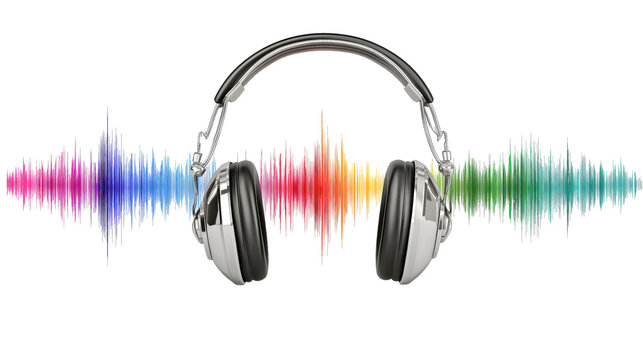 Multicolor sound waves with headphones isolated on white background