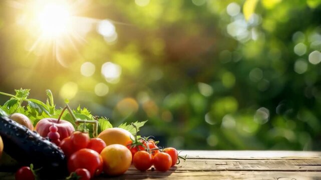 Fresh fruit and vegetables on a wooden table bathed in sunlight symbolise health, decorating culinary blogs as a natural backdrop.
