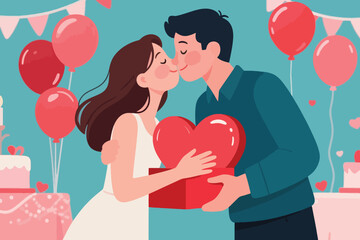 Couple kissing on cheek while holding red gift box with heart, surrounded by balloons and Valentine decor.