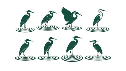 Elegant collection of stylized heron and wading bird icons in various serene poses, ideal for nature, wildlife, or ecological branding and design projects