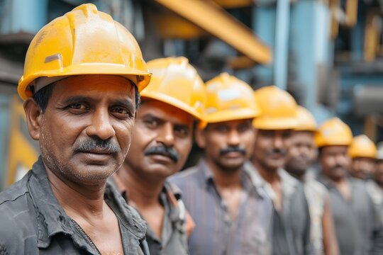 Industrial Workers Wearing Safety Helmets Standing in a Factory Representing the Labor Workforce